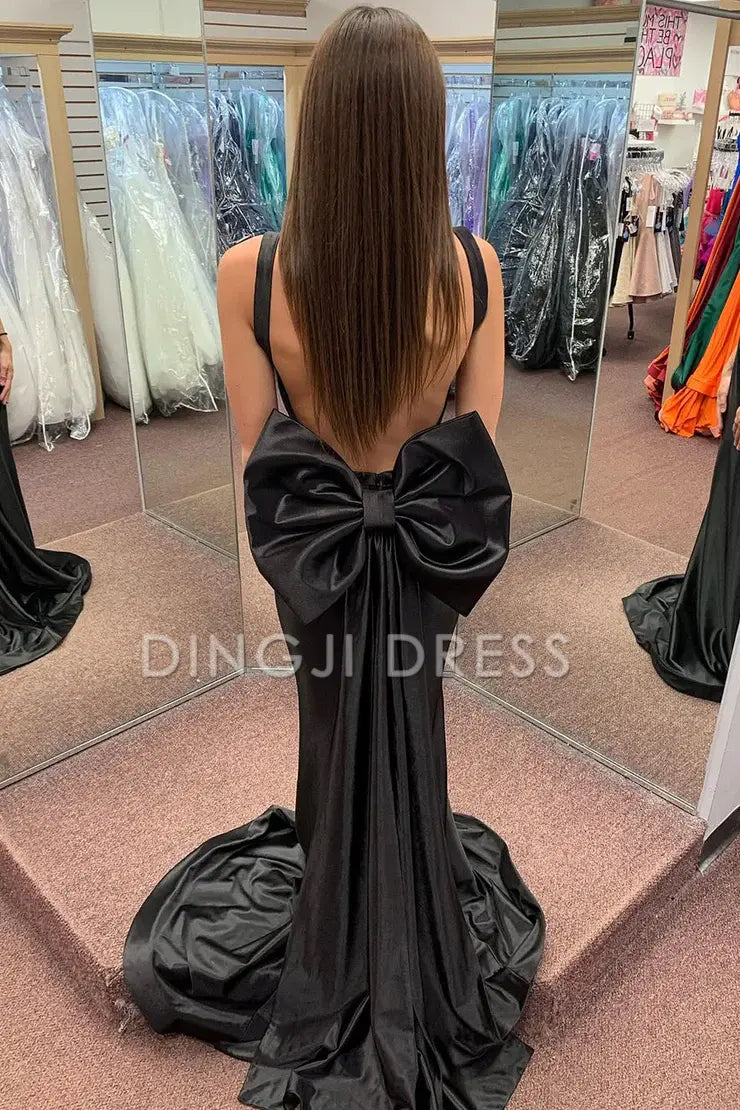 DingJiDress Sexy Mermaid Sweetheart Pleated Bodice Satin Backless Cute Big Bow Prom Dress