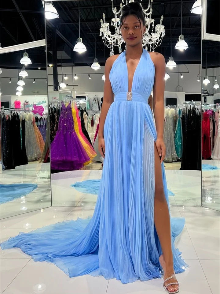 A-line Blue Chiffon Haler Long Party DressLong Prom Dresss
