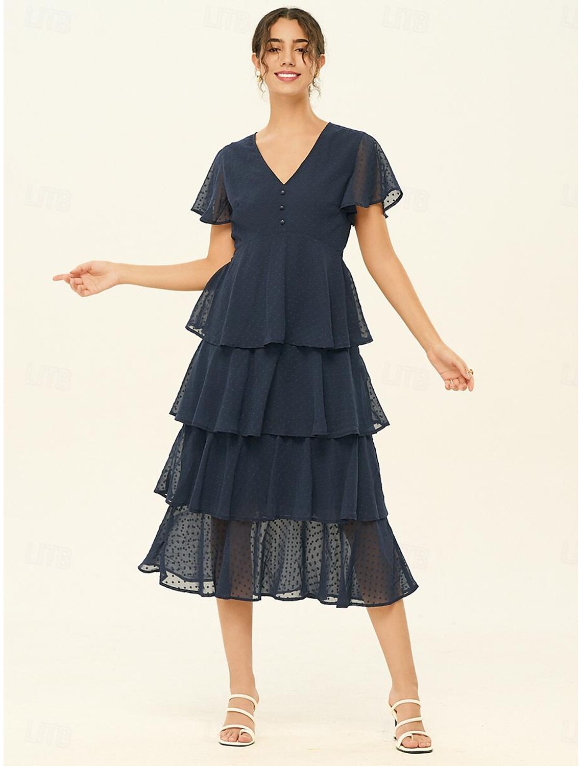 Women's Elegant Dress Party Dress Ruffle V Neck short Sleeve Midi Dress Vacation Navy Blue Spring