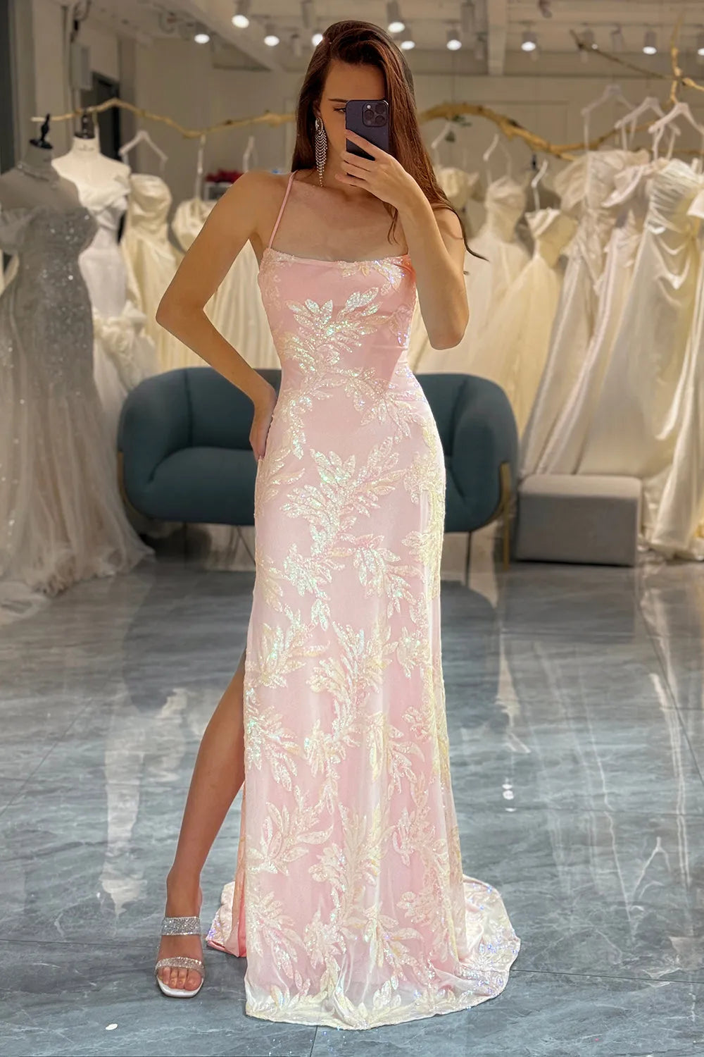 Pink sweet long suspender slit mermaid dance dress