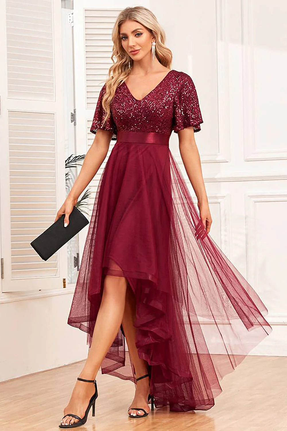 Red sequin V-neck chiffon irregular ball dress