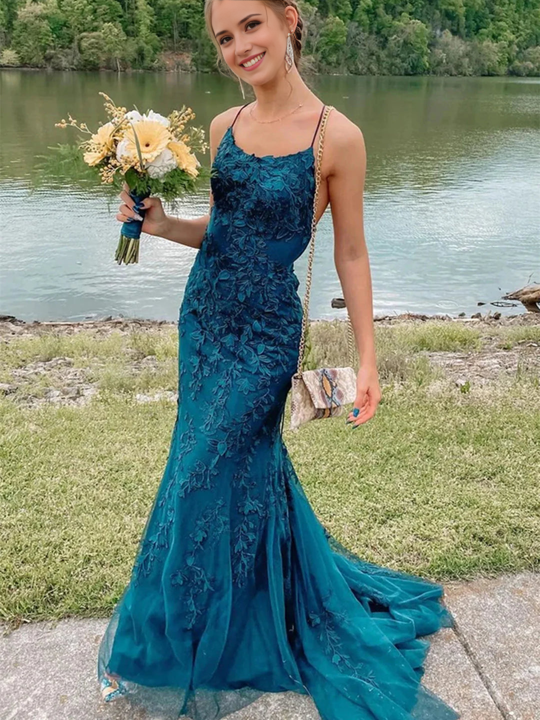 DingJiDress Formal Dress Elegant Mermaid Spaghetti Strap Sleeveless Appliques Backless Prom Dress