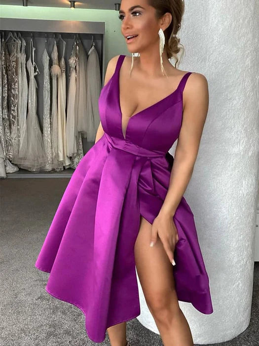 V Neck Purple Short Prom Homecoming Dresses with High Slit  Short Purple Formal Graduation Evening Dresses