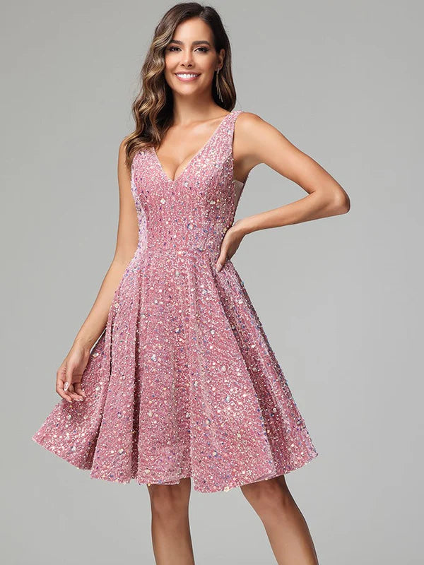 Pink A Line V-neck Short Sequins Homecoming Dress