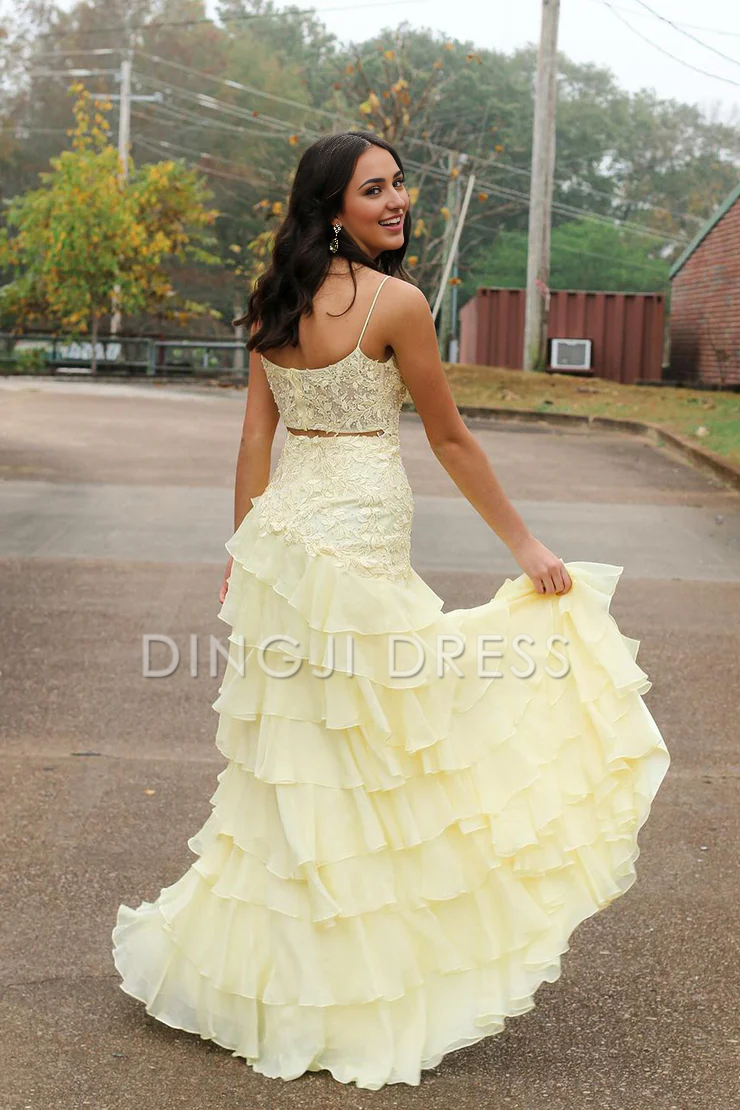 DingJiDress Cute A Line Scoop Neck Chiffon Tiered Lace Applique Long with Slit Prom Dress