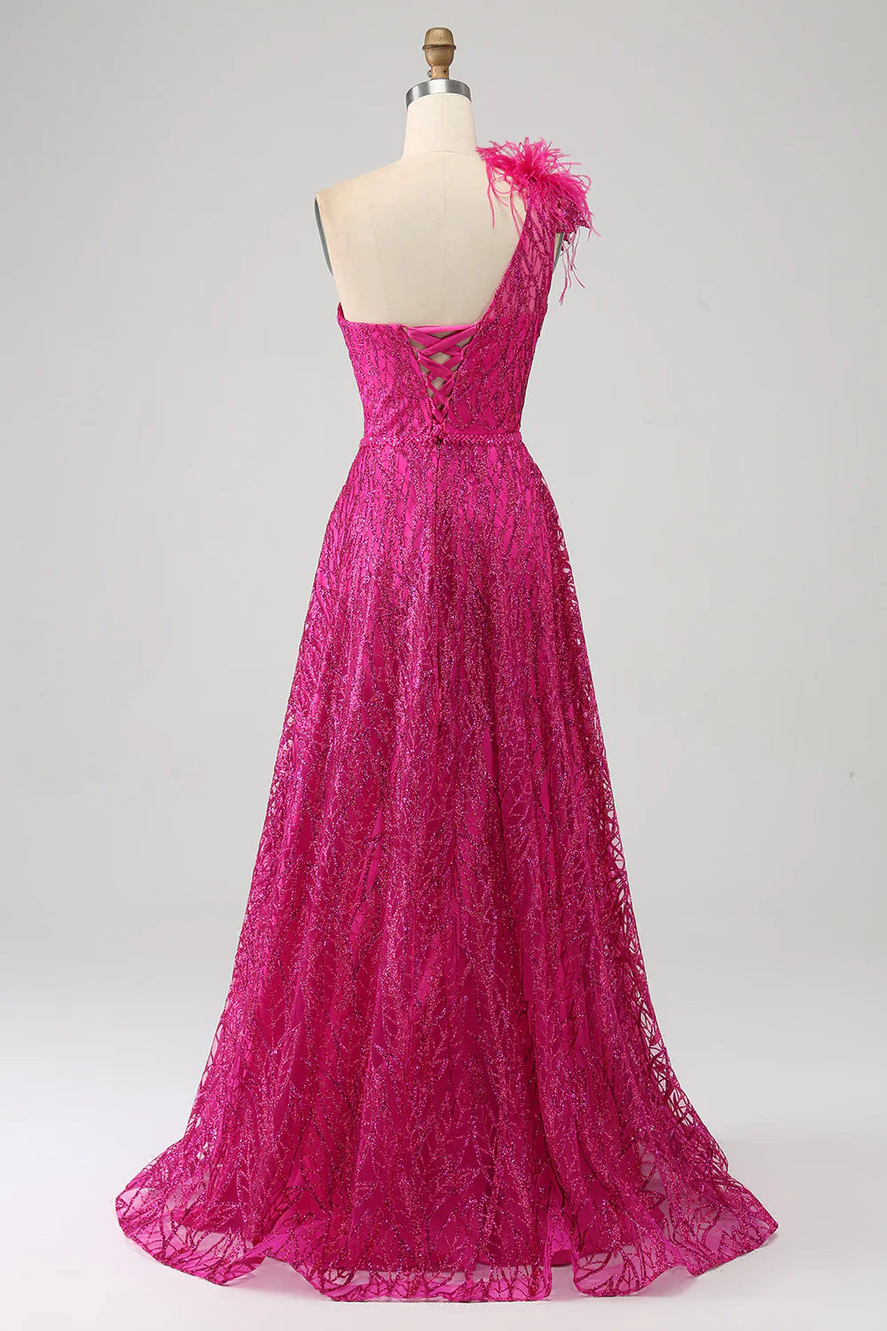DingJiDress Fuchsia A-Line One Shoulder Feather Sequin Long Prom Dress With Slit