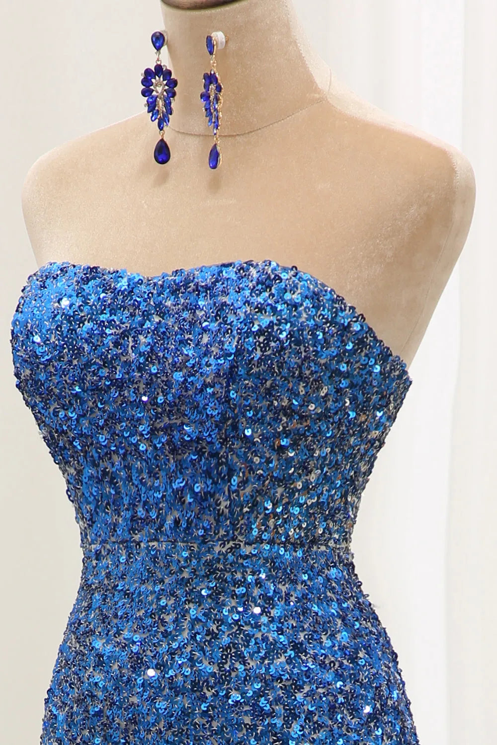 Blue sequin long mermaid strapless ball party dress