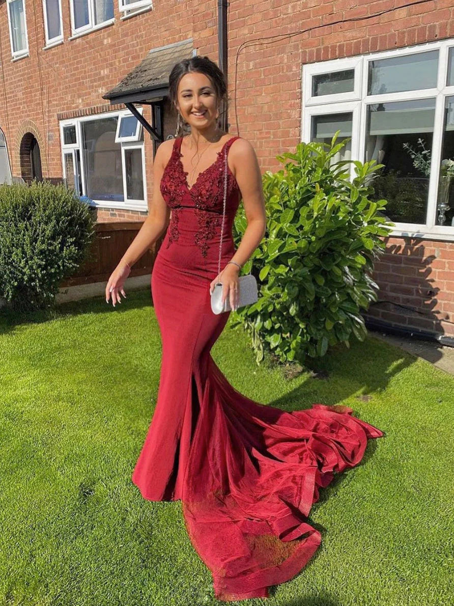 Burgundy v neck lace mermaid long prom dress burgundy evening dress