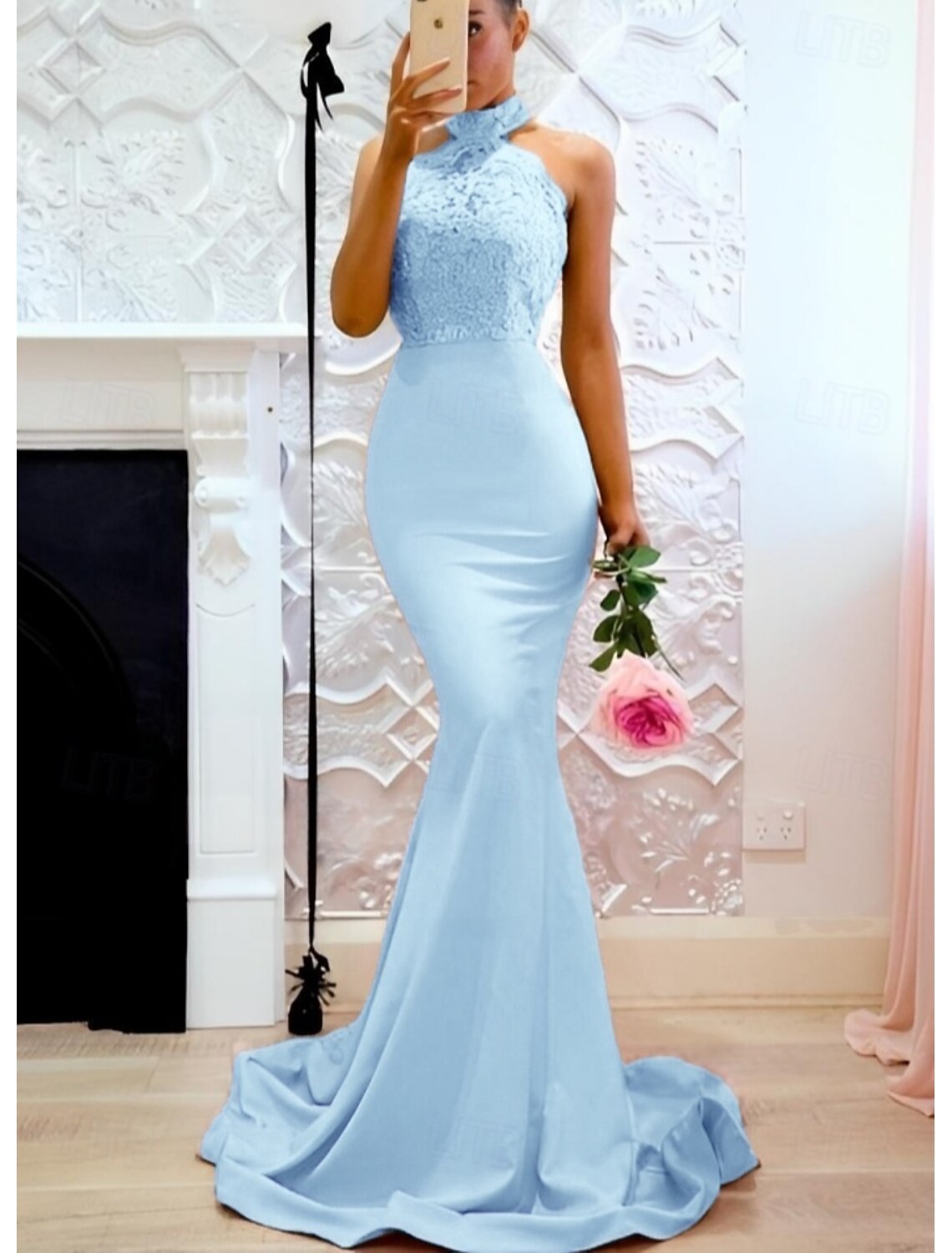 Mermaid Trumpet Evening Gown Elegant Dress Formal Evening Party Floor Length Sleeveless Halter Neck Fall Wedding Guest Satin with Buttons Slit