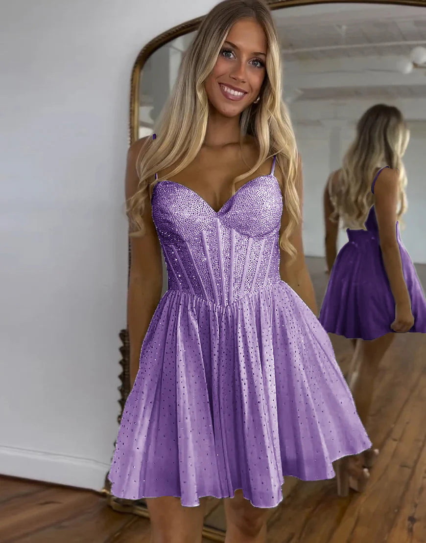 Dark Green A-Line Spaghetti Straps Corset Pleated Homecoming Dress ﻿