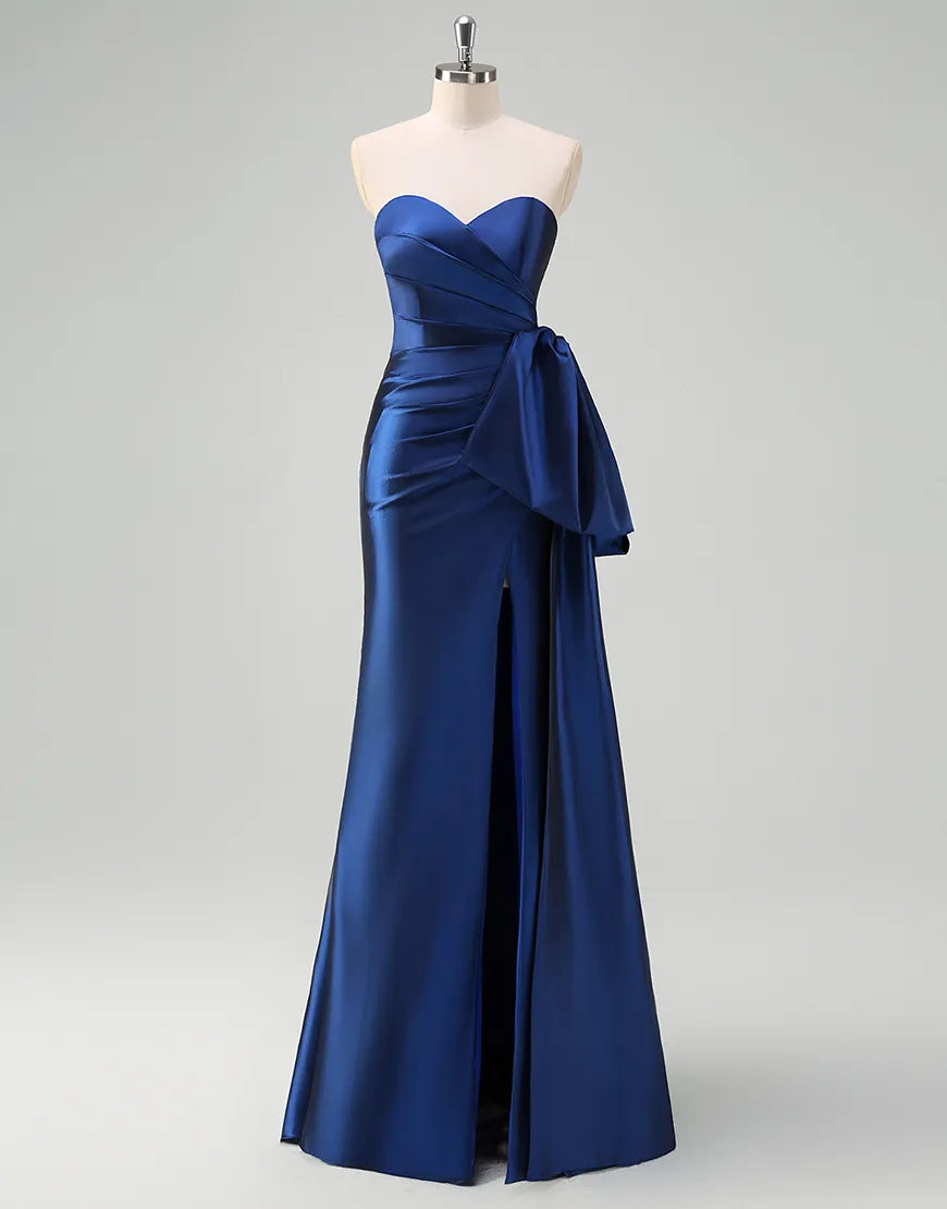 Deep blue satin long mermaid strapless pleated bow dance party dress