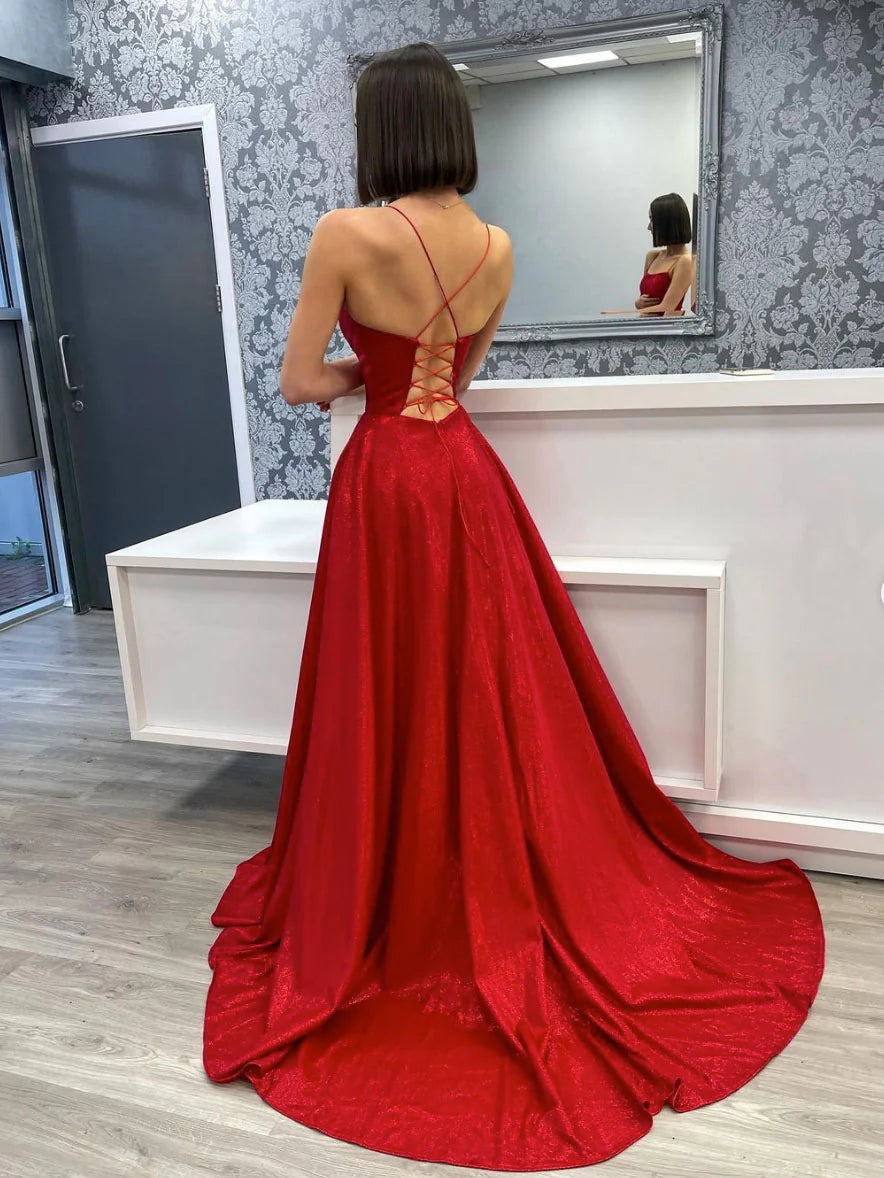 Simple burgundy satin long prom dress evening dress