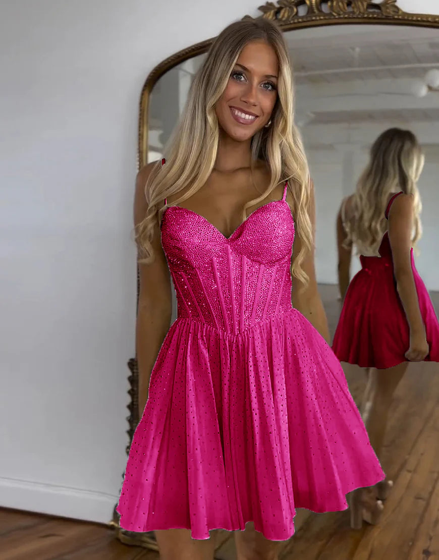 Dark Green A-Line Spaghetti Straps Corset Pleated Homecoming Dress ﻿