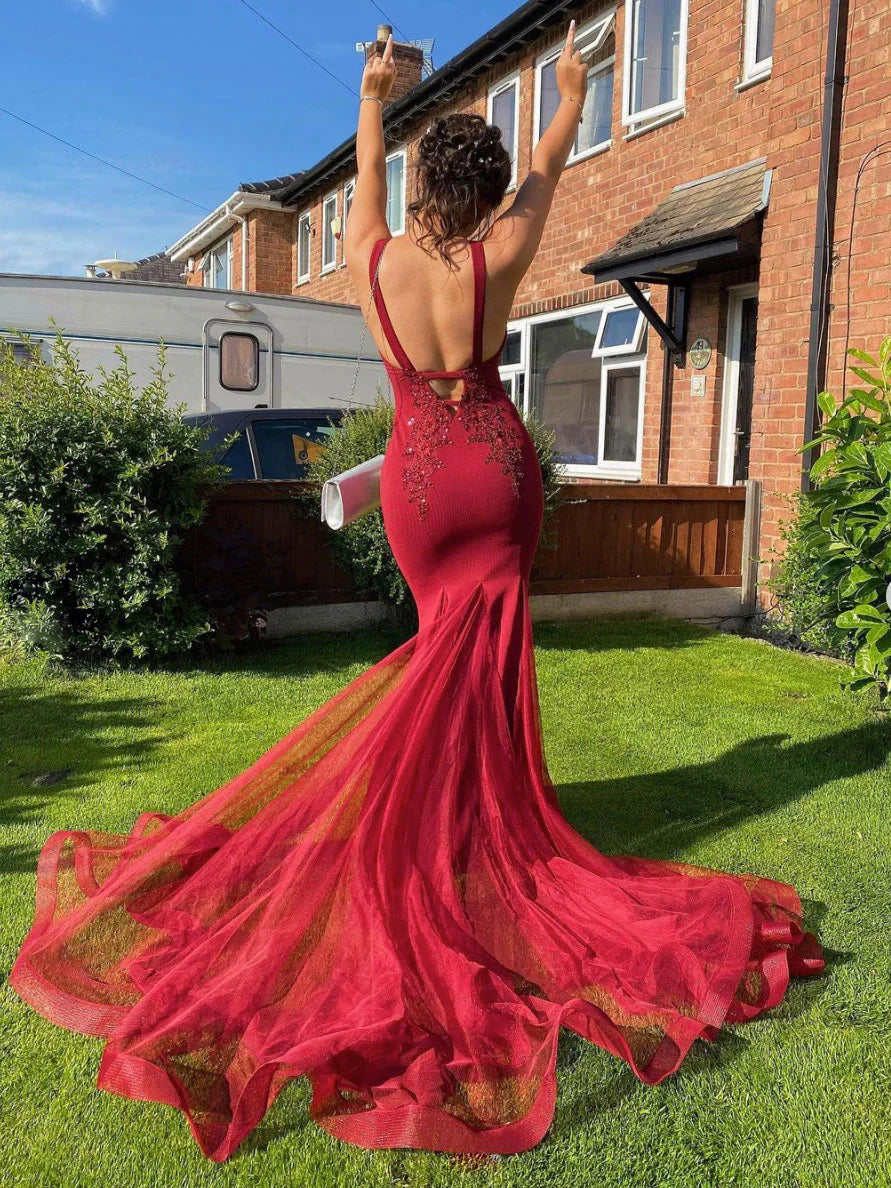 Burgundy v neck lace mermaid long prom dress burgundy evening dress