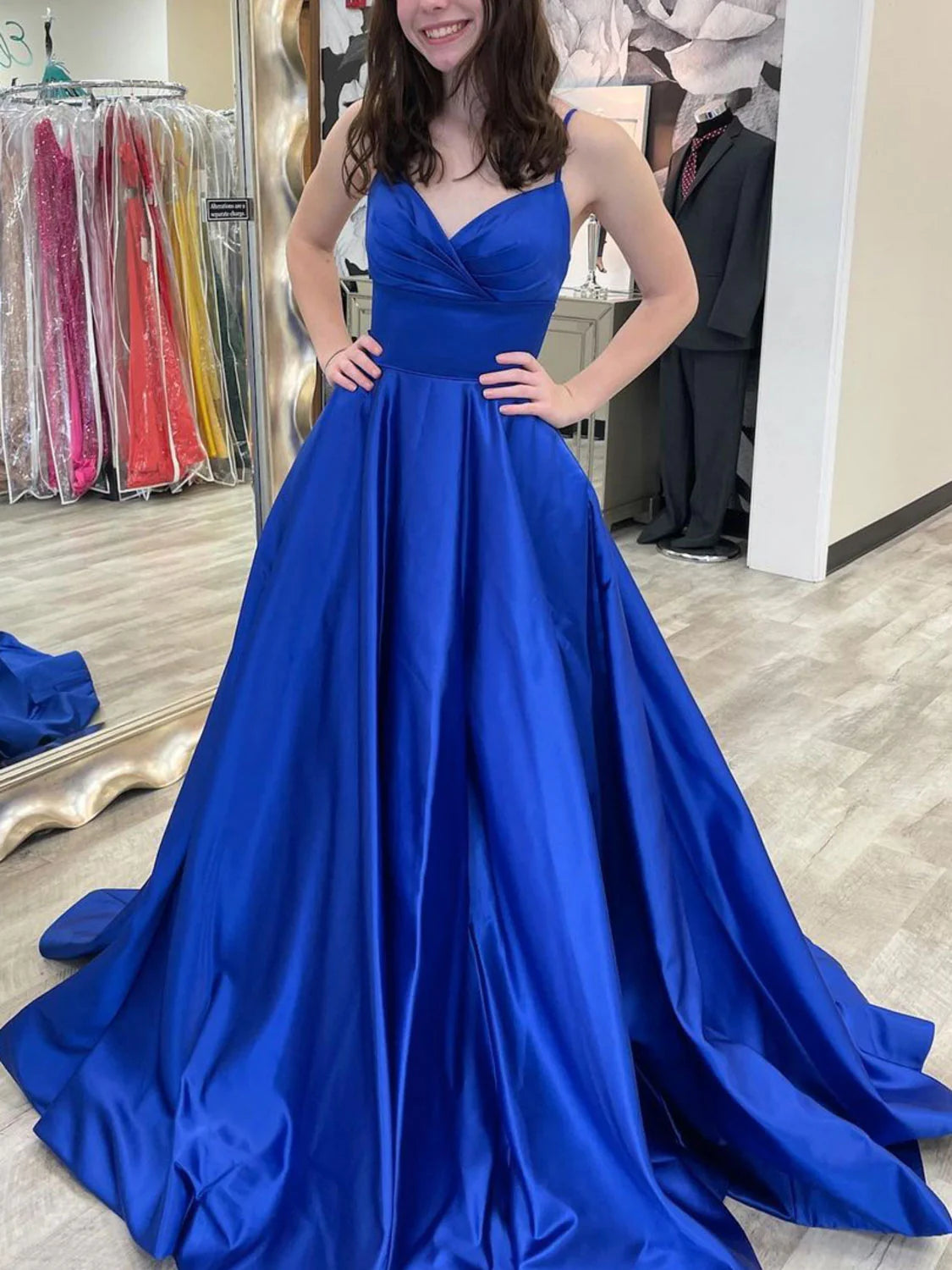 Simple blue v neck satin long prom dress blue formal dress