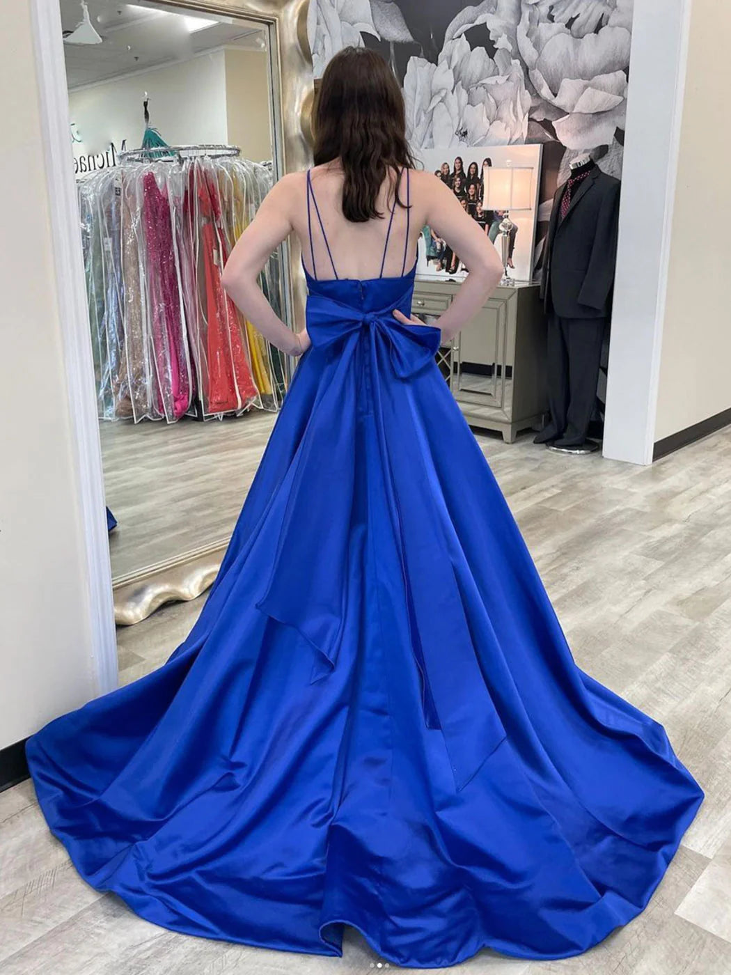 Simple blue v neck satin long prom dress blue formal dress