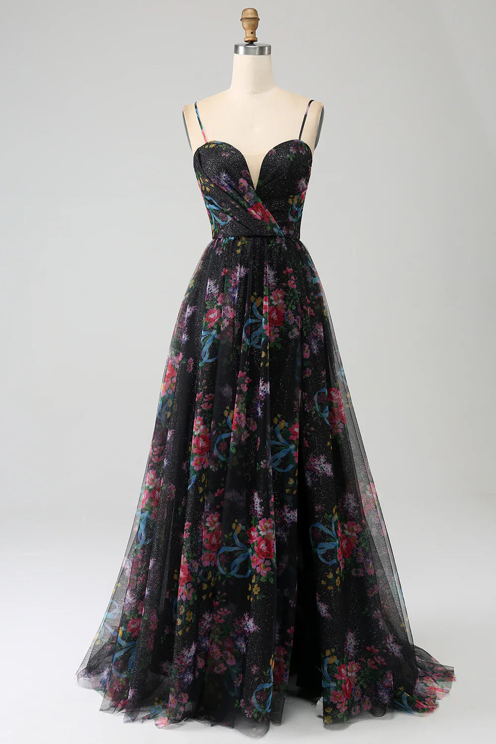 DingJiDress Green A-Line Spaghetti Straps Long Prom Dress With Sparkly Sequin AppliquesBlack Printed Spaghetti Straps