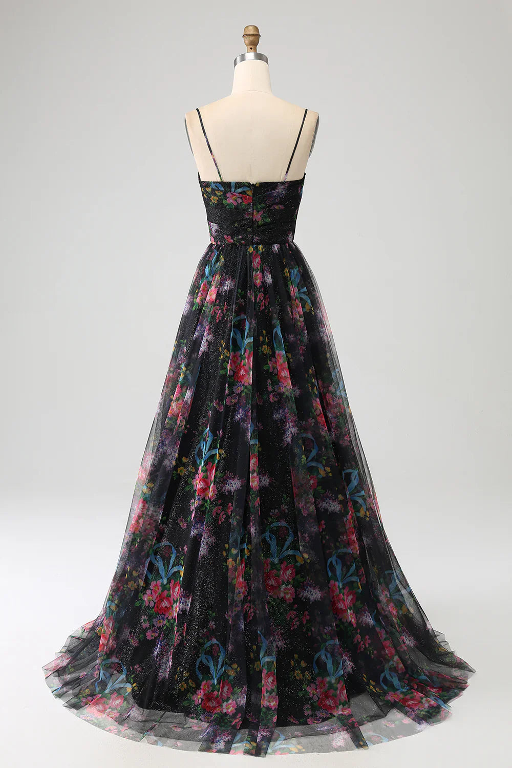 DingJiDress Green A-Line Spaghetti Straps Long Prom Dress With Sparkly Sequin AppliquesBlack Printed Spaghetti Straps