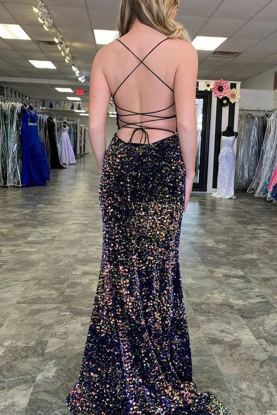 Glitter Mermaid Dark Navy Sequins Long Formal Dress