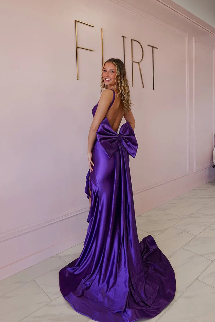 Mermaid Sweetheart Purple Satin Long Ball Dress with Bow