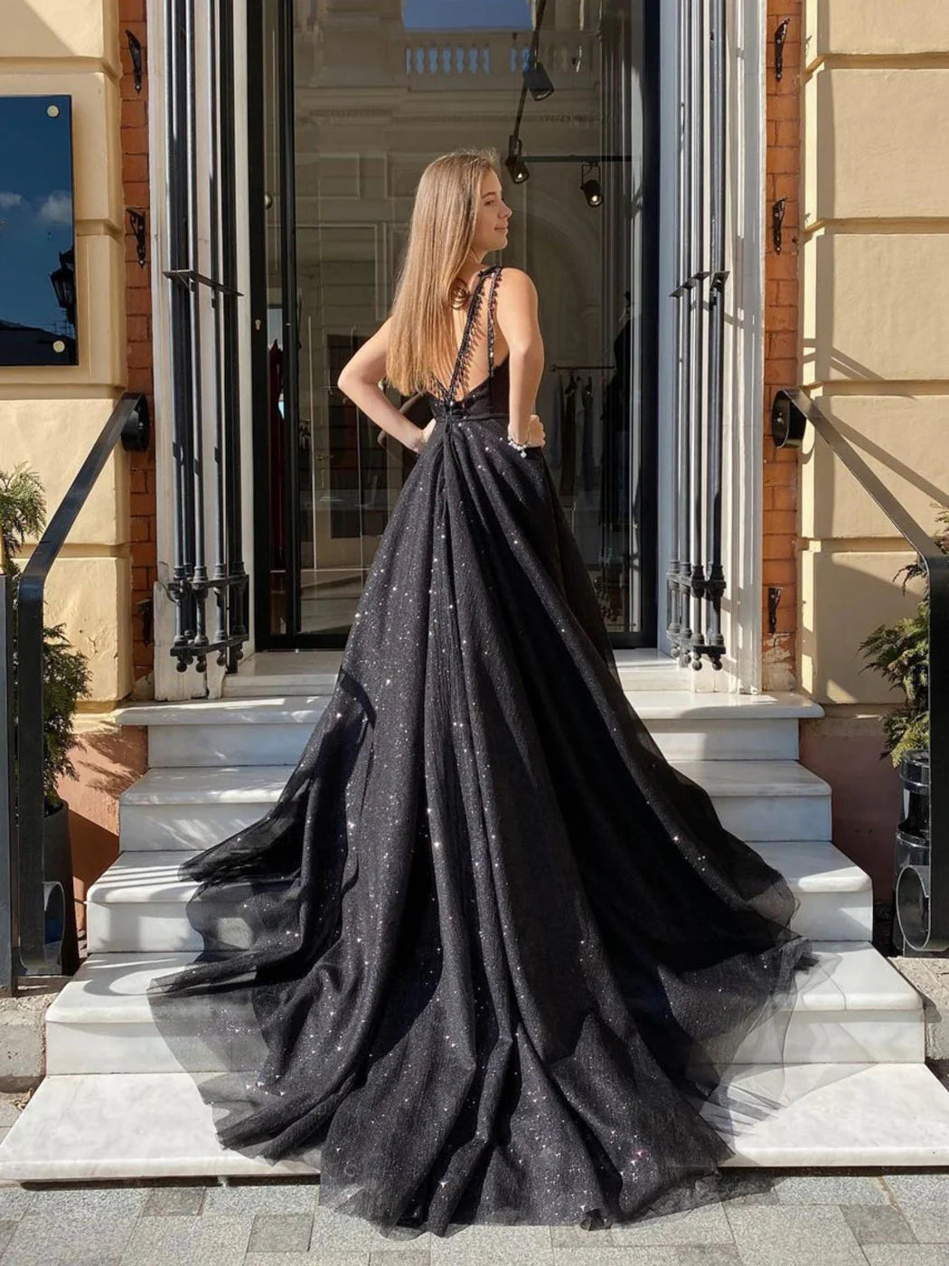 Black v neck tulle long prom dress black tulle long evening dress