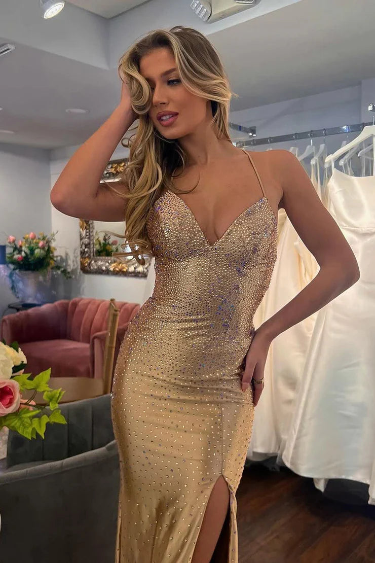 Enchanting mermaid V-neck gold satin ball dress paired with hot stones