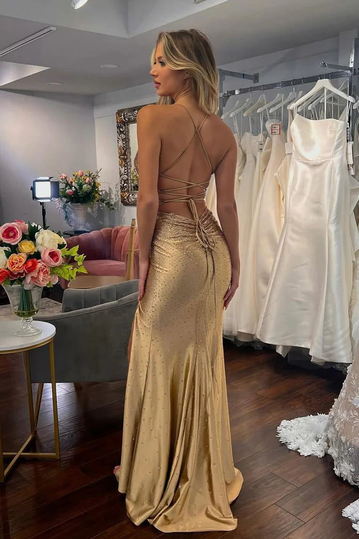 Enchanting mermaid V-neck gold satin ball dress paired with hot stones