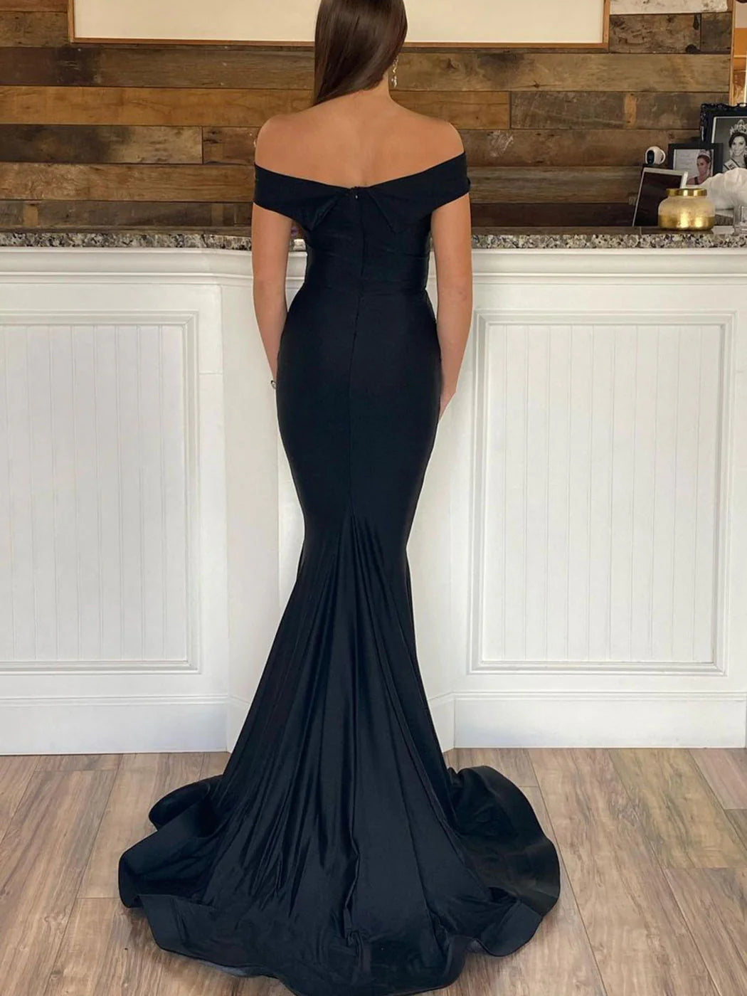 Simple black satin mermaid long prom dress black evening dress