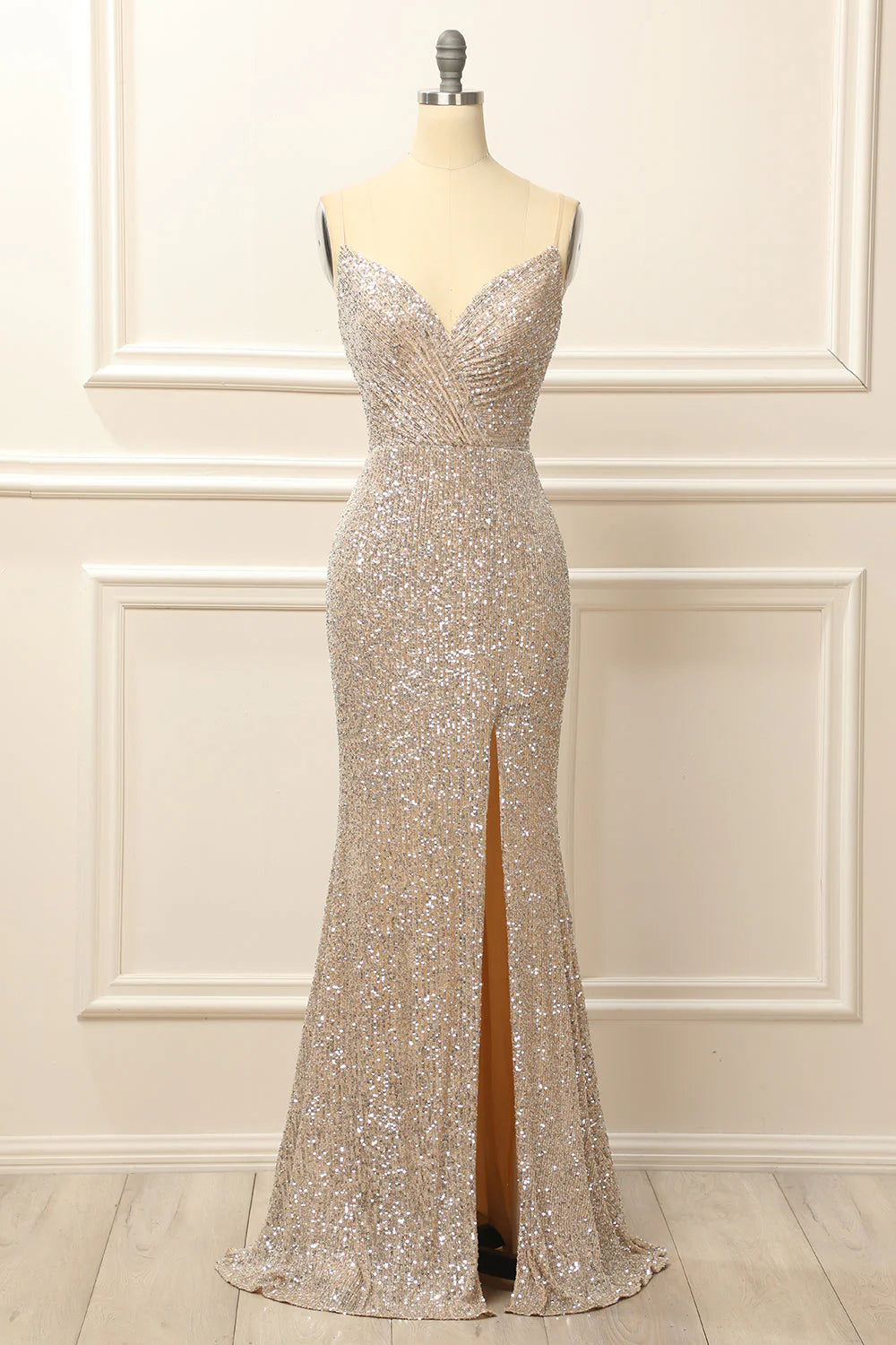 Silver sequin long slit backless ball dress