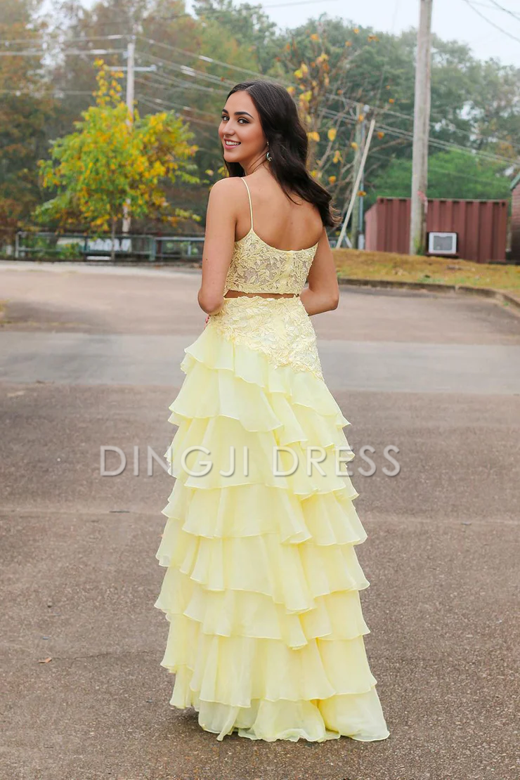 DingJiDress Cute A Line Scoop Neck Chiffon Tiered Lace Applique Long with Slit Prom Dress