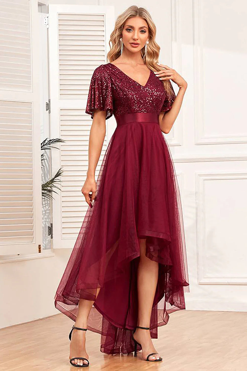 Red sequin V-neck chiffon irregular ball dress