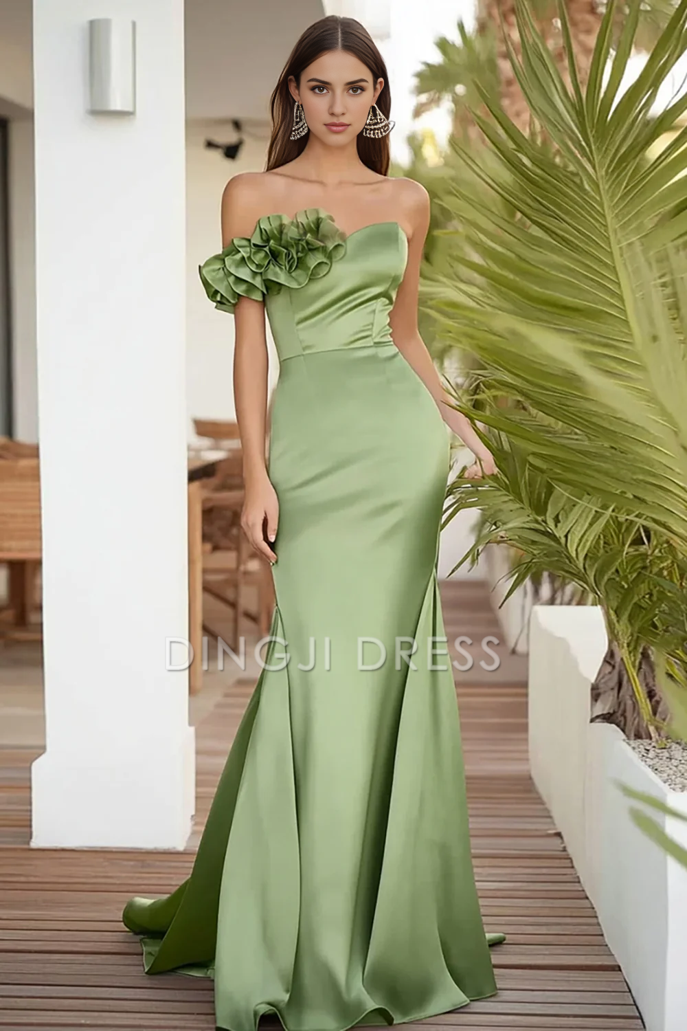 DingJiDress High Quality Dress Mermaid One Shoulder Ruched Exquisite Satin Long Prom Dress