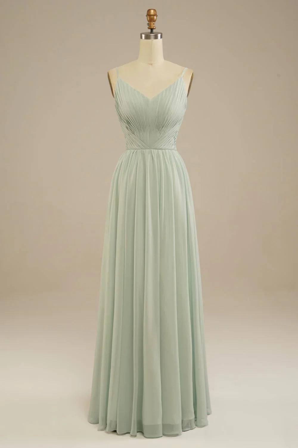 DingJiDress Elegant A-Line V Neck Spaghetti Strap Pleated Floor Length Chiffon Simple Prom Dress