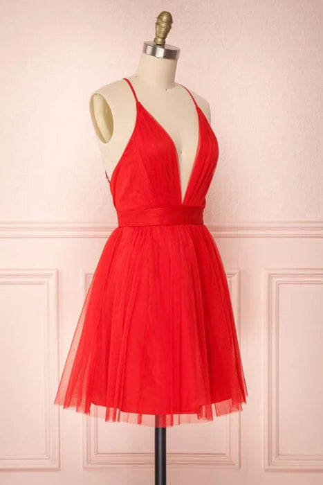 Simple Red V Neck Backless Tulle Homecoming Short Prom Cute Red Formal Evening Graduation