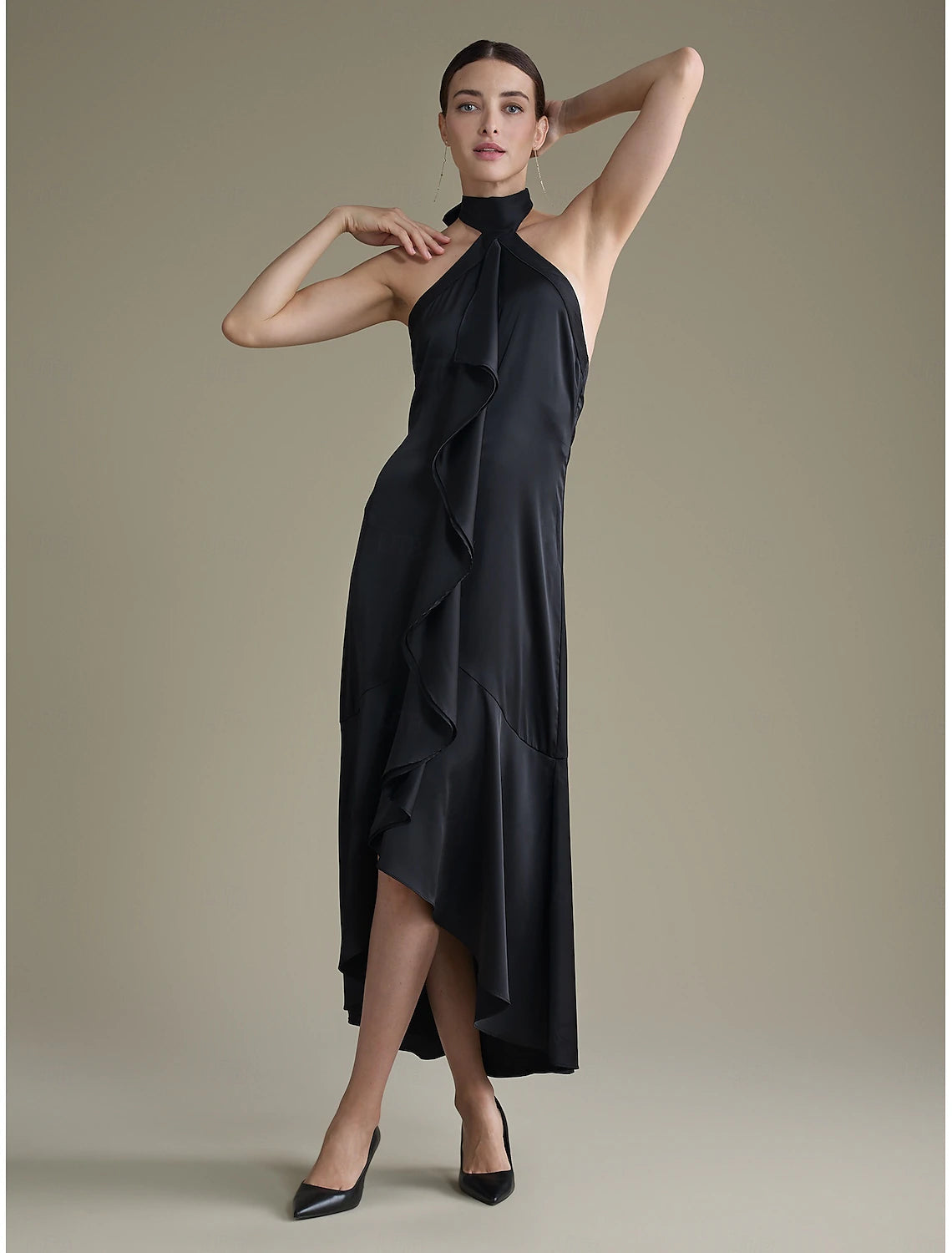 Satin Ruffle Halter Tie Back Sleeveless Elegant Party/Wedding Guest Dress dress to impress