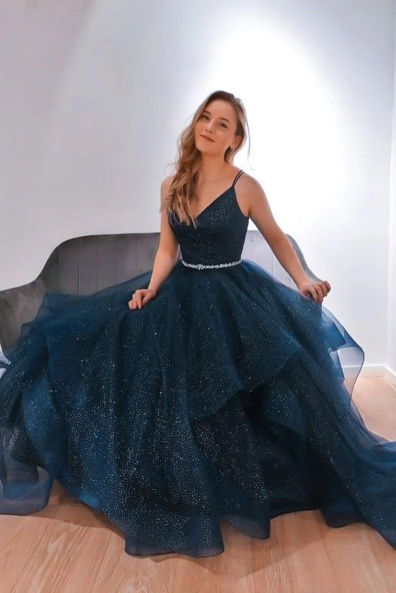Simple blue tulle sequin long prom dress blue tulle formal dress