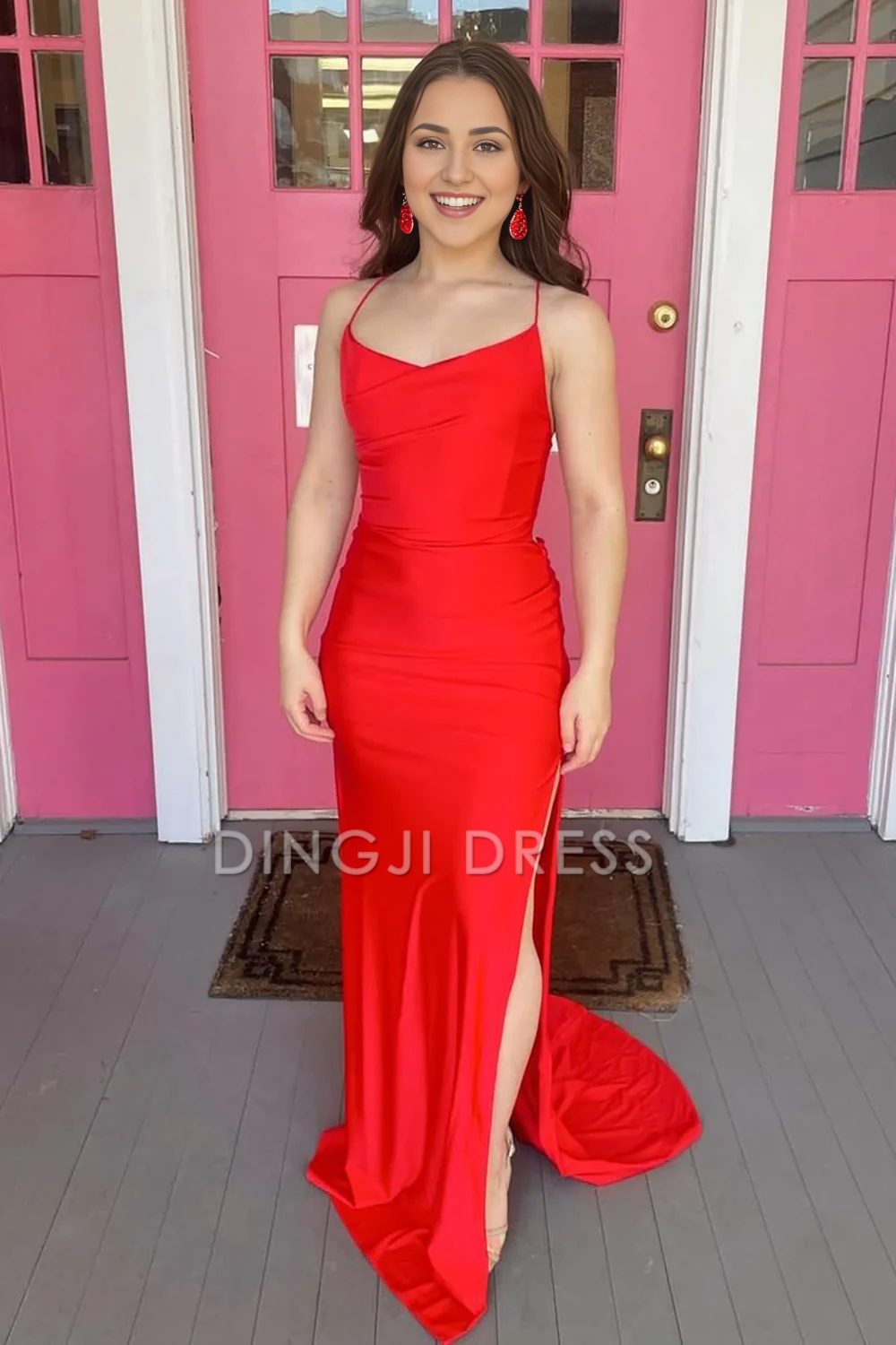 DingJiDress Simple Mermaid Spaghetti Straps Backless Lace up Side Fork Elegant Prom Dress