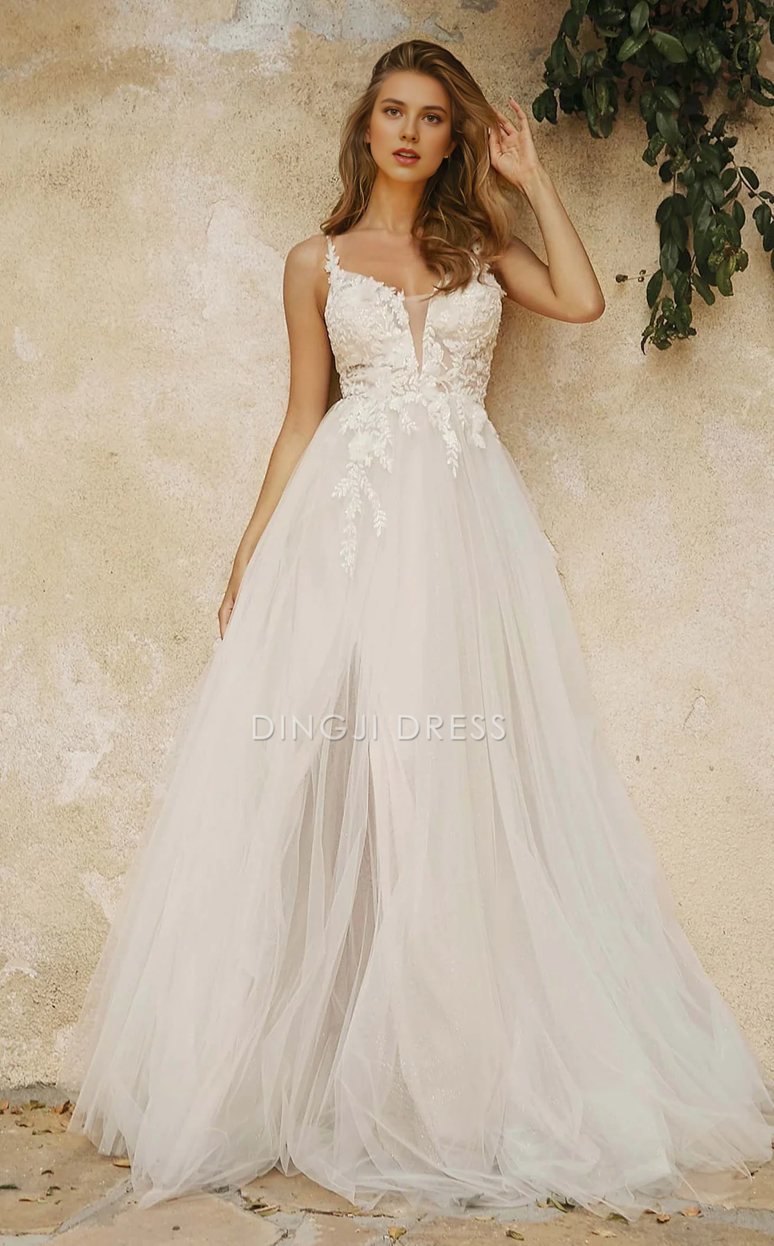 DingJiDress Hot Sale Wedding Dress A Line Sleeveless Spaghetti Strap Illusion Neck Exquisite Lace Applique Formal Wear Dresses