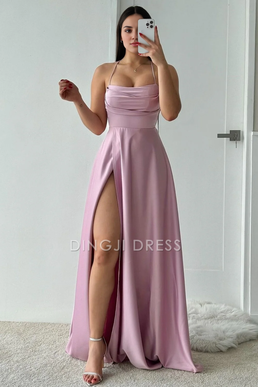 DingJiDress Chic A-Line Spaghetti Straps Lace Up Long Satin Simple Prom Dress