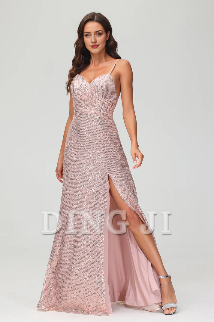 DingJiDress Evening Dress Sweetheart Spaghetti Straps Sequins Sheath Backless Long Dress Side Fork Floor-Length Charming Wedding Guest Dresses