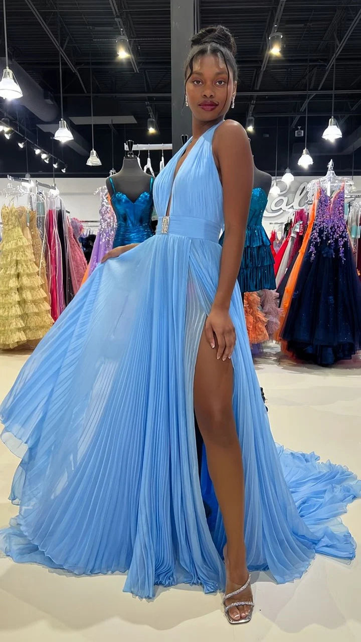 A-line Blue Chiffon Haler Long Party DressLong Prom Dresss