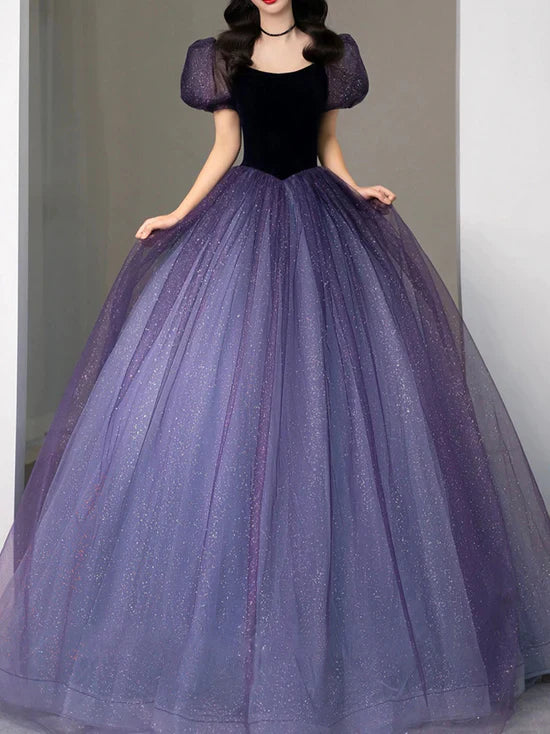 Purple chiffon A-line sequined bubble sleeve ball dress,