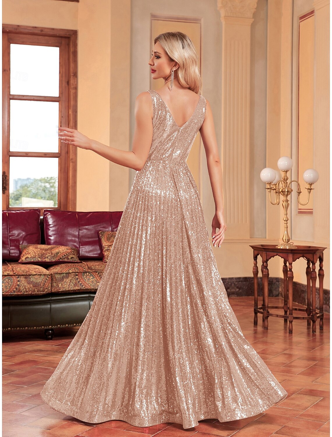 A-Line Prom Dresses Party Dress Evening Party Cocktail Party Floor Length Sleeveless Plunge Neck Polyester with Glitter Knief Pleats