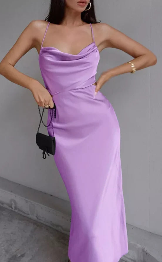 Women Spaghetti Strap Satin Sexy Backless Bodycon Party Dress