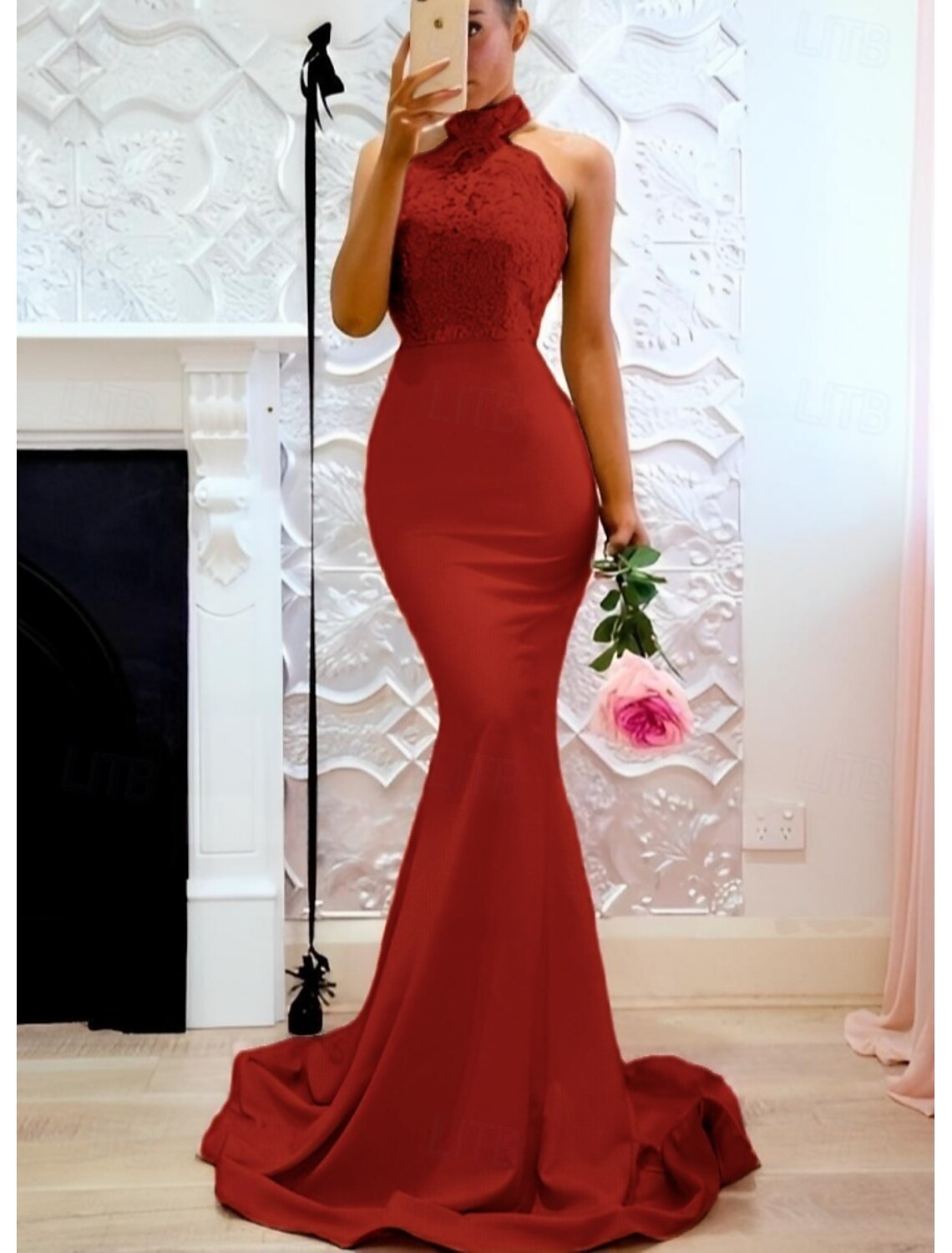 Mermaid Trumpet Evening Gown Elegant Dress Formal Evening Party Floor Length Sleeveless Halter Neck Fall Wedding Guest Satin with Buttons Slit