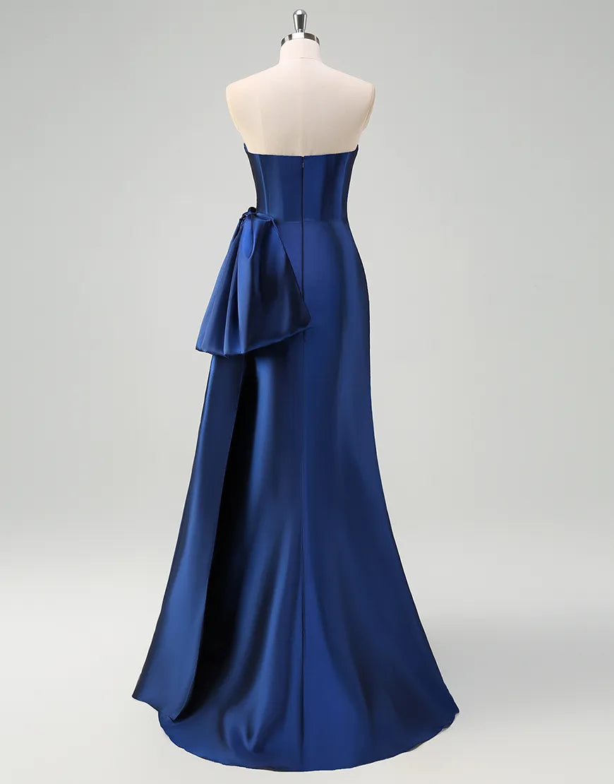 Deep blue satin long mermaid strapless pleated bow dance party dress