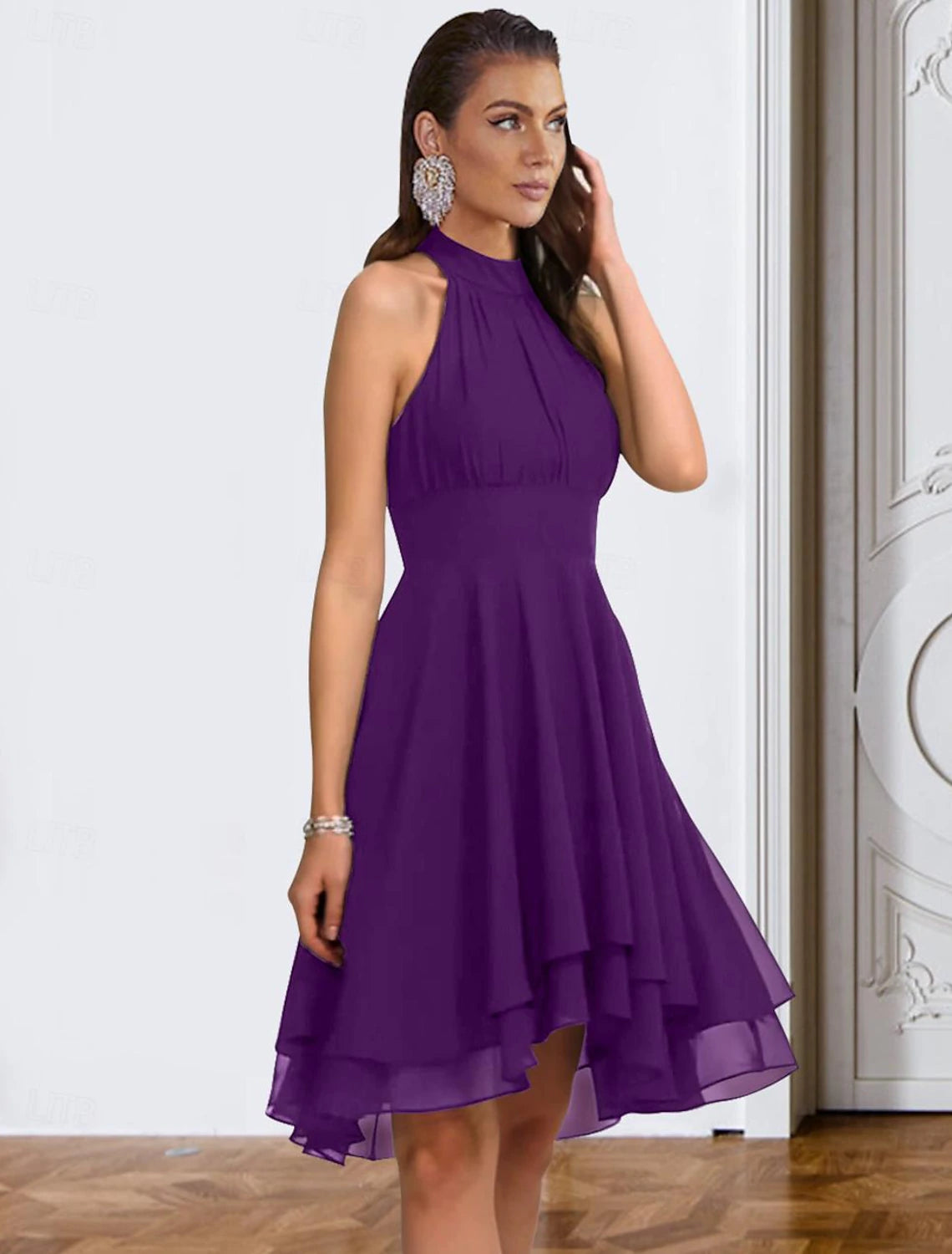 A-Line Cocktail Dresses Party Dress Wedding Guest Engagement Knee Length Sleeveless Halter Neck Chiffon V Back with Sleek Tiered dress to impress