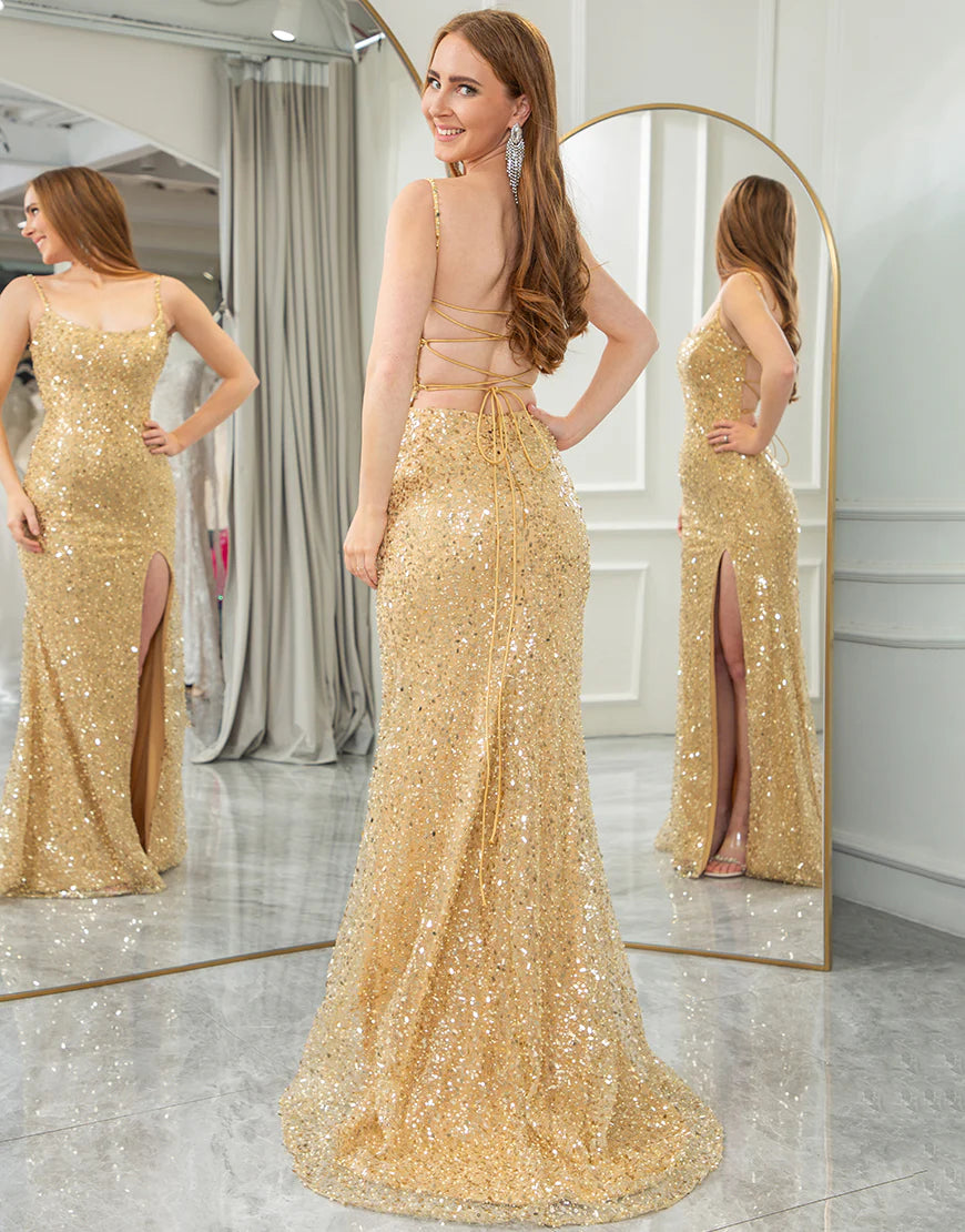 Golden sequined mermaid long slit ball gown