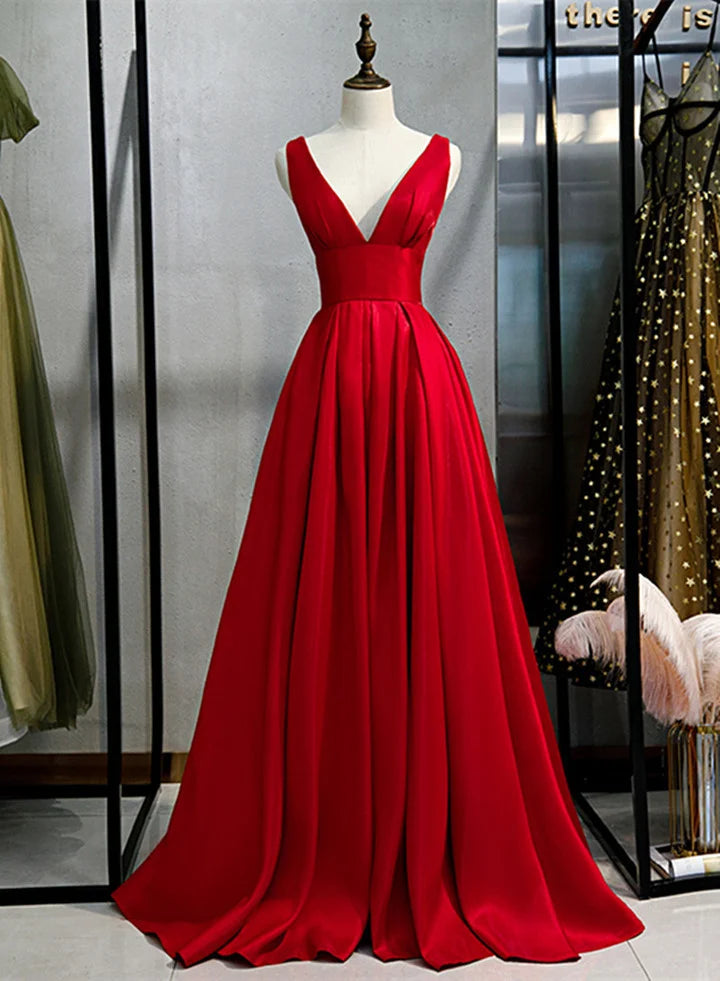 Red V-neckline Satin Floor Length Prom DressRed Evening Gown