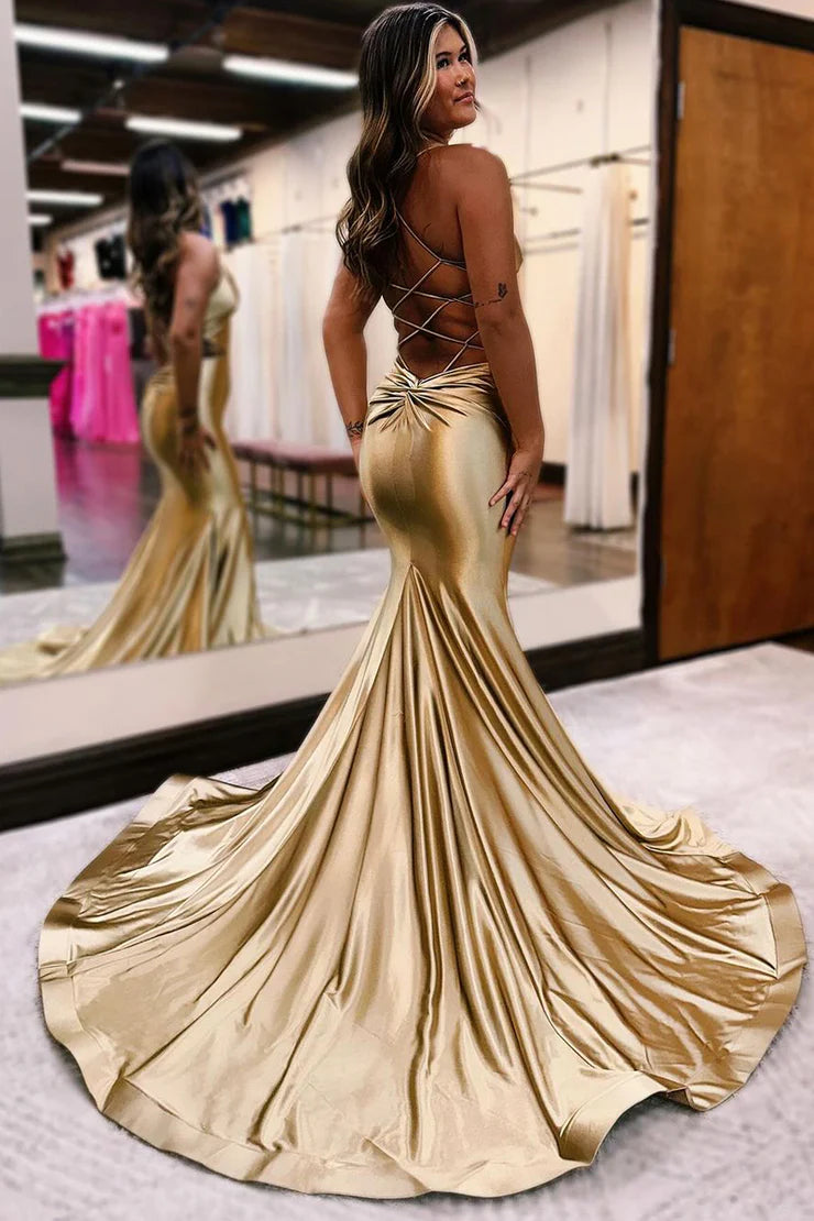 Charming Mermaid V Neck Gold Satin Long Prom Dress